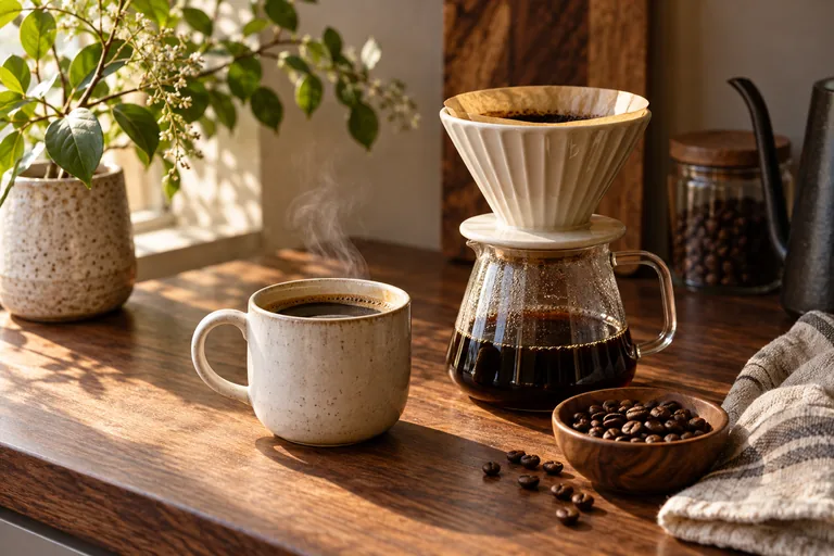 A coffee cup, pour-over dripper and beans on a walnut counter.